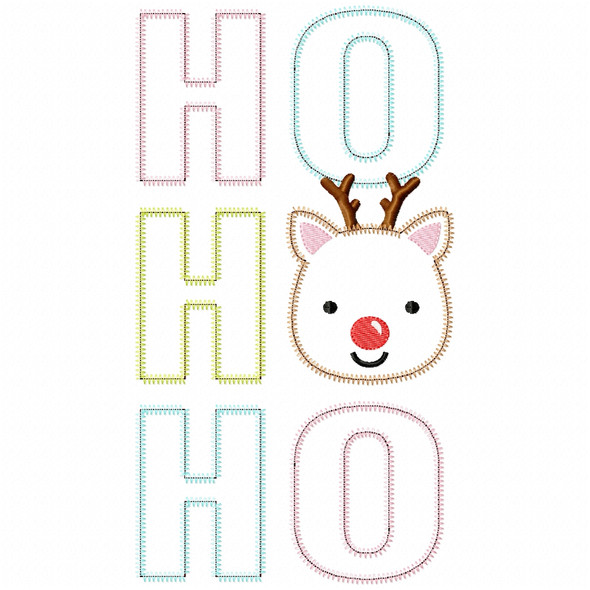 Reindeer Ho Ho Ho Satin and Zigzag Applique Embroidery Design