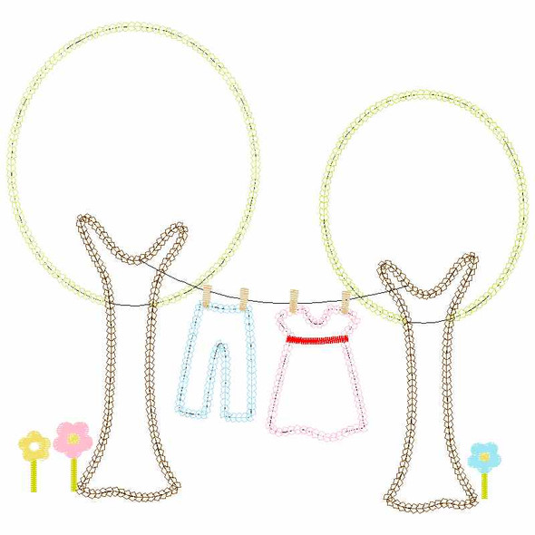 Trees and Laundry Camper Chain and Vintage Applique Embroidery Design